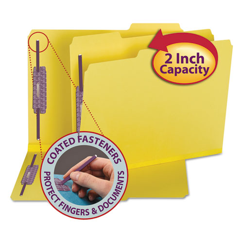 Image of Smead Colored Pressboard Fastener Folders with SafeSHIELD Coated Fasteners, 2" Expansion, 2 Fasteners, Letter Size, Yellow, 25/Box