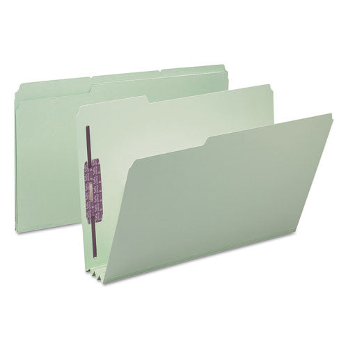Image of Smead Recycled Pressboard Fastener Folders, 1/3-Cut Tabs, Two SafeSHIELD Fasteners, 3" Expansion, Legal Size, Gray-Green, 25/Box