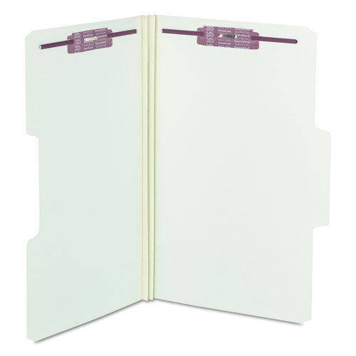 Image of Smead SuperTab Pressboard Fastener Folders with Two SafeSHIELD Fasteners, 2" Expansion, Legal Size, Gray-Green, 25/Box