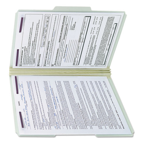 Image of Smead Recycled Pressboard Fastener Folders, 1/3-Cut Tabs, Two SafeSHIELD Fasteners, 3" Expansion, Legal Size, Gray-Green, 25/Box