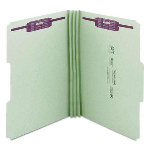 Image of Smead Recycled Pressboard Fastener Folders, 1/3-Cut Tabs, Two SafeSHIELD Fasteners, 3" Expansion, Legal Size, Gray-Green, 25/Box