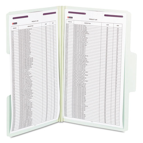 Image of Smead SuperTab Pressboard Fastener Folders with Two SafeSHIELD Fasteners, 2" Expansion, Legal Size, Gray-Green, 25/Box