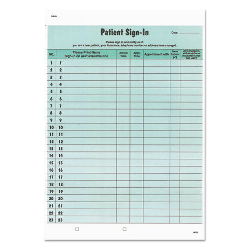 Image of Tabbies® Patient Sign-In Label Forms, Two-Part Carbon, 8.5 x 11.63, Green Sheets, 125 Forms Total