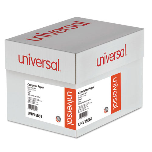 Image of Universal® Printout Paper, 1-Part, 18 lb Bond Weight, 14.88 x 11, White/Green Bar, 2,600/Carton