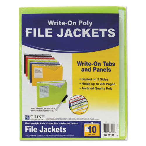 Image of C-Line® Write-On Poly File Jackets, Straight Tab, Letter Size, Assorted Colors, 10/pack