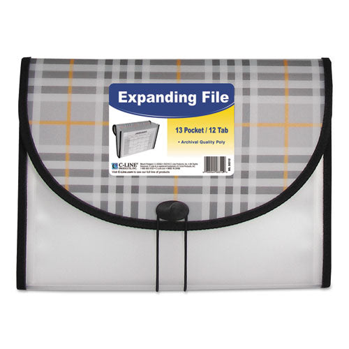 Image of C-Line® Plaid Design Expanding Files, 1.5" Expansion, 13 Sections, Cord/Hook Closure, 1/6-Cut Tabs, Letter Size, Gray Plaid