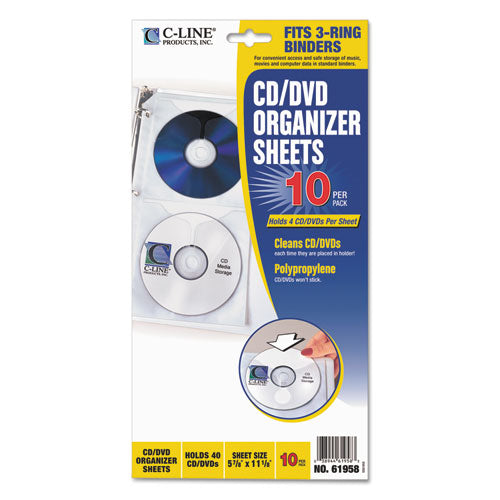 Image of C-Line® Deluxe CD Ring Binder Storage Pages, Standard, 4 Disc Capacity, Clear/White, 10/Pack