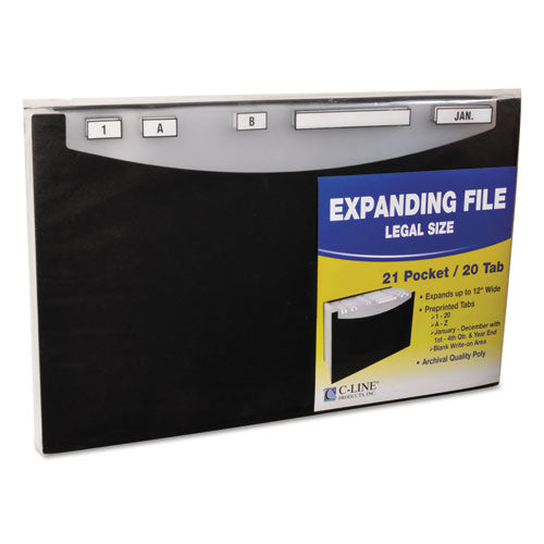Image of C-Line® 21-Pocket Stand-Up Design Expanding File, 12" Expansion, 21 Sections, 1/5-Cut Tabs, Legal Size, Black