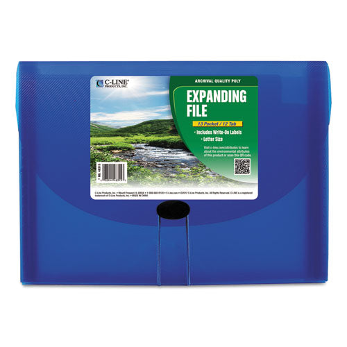 Image of C-Line® Expanding Files, 1.63" Expansion, 13 Sections, Cord/Hook Closure, 1/6-Cut Tabs, Letter Size, Blue