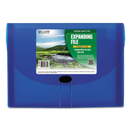 Image of C-Line® Expanding Files, 1.63" Expansion, 7 Sections, Cord/Hook Closure, 1/6-Cut Tabs, Letter Size, Blue