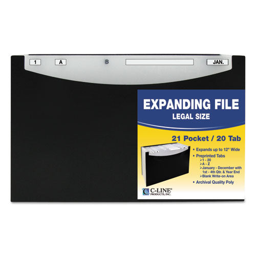 Image of C-Line® 21-Pocket Stand-Up Design Expanding File, 12" Expansion, 21 Sections, 1/5-Cut Tabs, Legal Size, Black