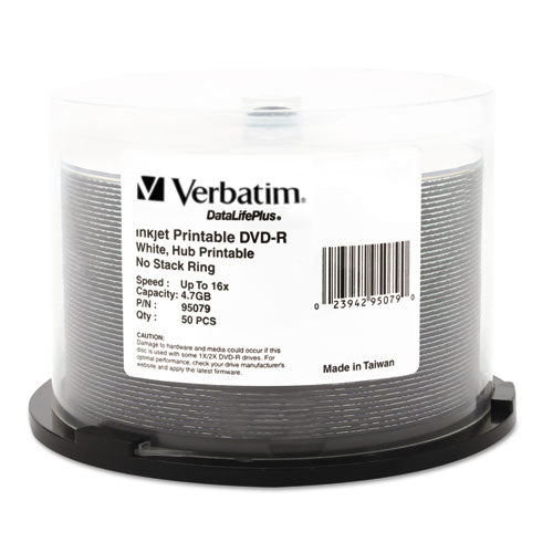 Image of Verbatim® DVD-R DataLife Plus Printable Recordable Disc, 4.7 GB,16x, Spindle, White, 50/Pack