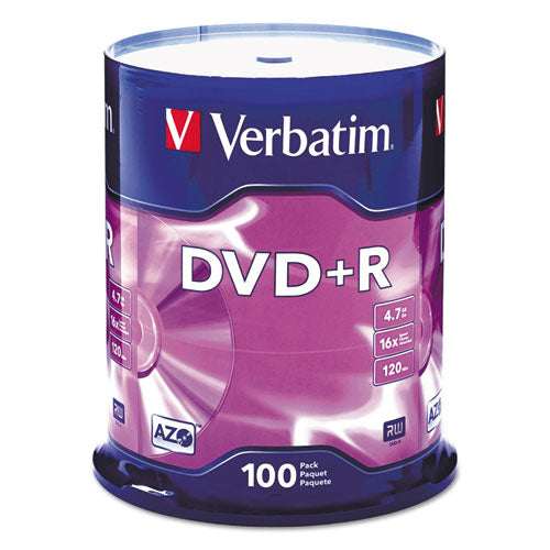 Image of Verbatim® Dvd+r Recordable Disc, 4.7 Gb, 16x, Spindle, Silver, 100/pack