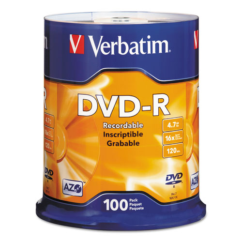 Image of Verbatim® Dvd-R Recordable Disc, 4.7 Gb, 16x, Spindle, Silver, 100/pack