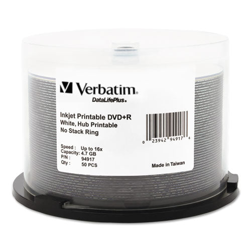 Image of Verbatim® Dvd+r Recordable Disc, 4.7 Gb, 16x, Spindle, Hub Printable, White, 50/pack