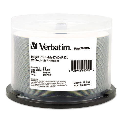 Image of Verbatim® Dvd+r Dual Layer Printable Recordable Disc, 8.5 Gb, 8x, Spindle, White, 50/pack