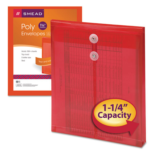 Image of Smead Poly String and Button Interoffice Envelopes, Open-End (Vertical), 9.75 x 11.63, Transparent Red, 5/Pack