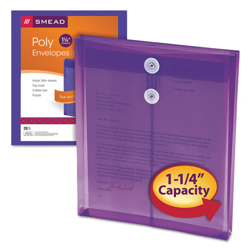 Image of Smead Poly String and Button Interoffice Envelopes, Open-End (Vertical), 9.75 x 11.63, Transparent Purple, 5/Pack