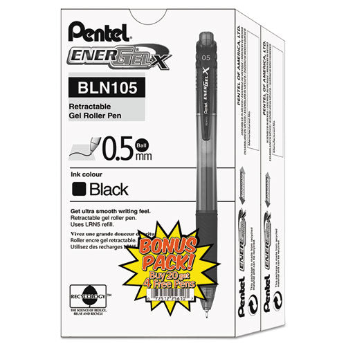 Image of Pentel® EnerGel-X Gel Pen, Retractable, Fine 0.5 mm, Black Ink, Clear/Black Barrel, 24/Pack