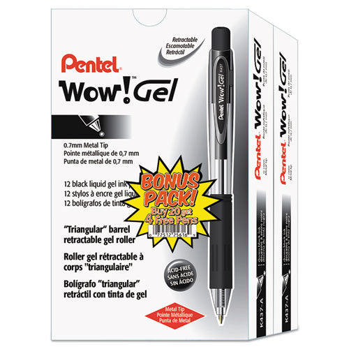 Image of Pentel® WOW! Gel Pen, Retractable, Medium 0.7 mm, Black Ink, Clear/Black Barrel, 24/Pack