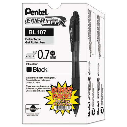 Image of Pentel® EnerGel-X Gel Pen, Retractable, Medium 0.7 mm, Black Ink, Smoke/Black Barrel, 24/Pack