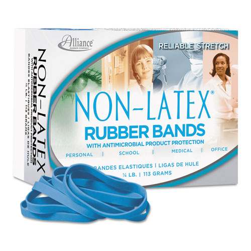 Image of Alliance® Antimicrobial Non-Latex Rubber Bands, Size 64, 0.04" Gauge, Cyan Blue, 4 Oz Box, 95/box