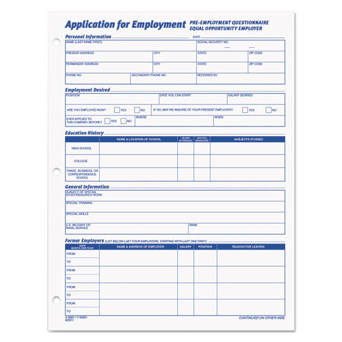Image of TOPS Employee Application Form, One-Part (No Copies), 11 x 8.38, 50 Forms/Pad, 2 Pads/Pack