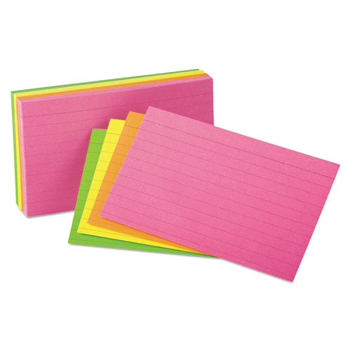 Image of Oxford Ruled Index Cards, 3 X 5, Glow Green/yellow, Orange/pink, 100/pack