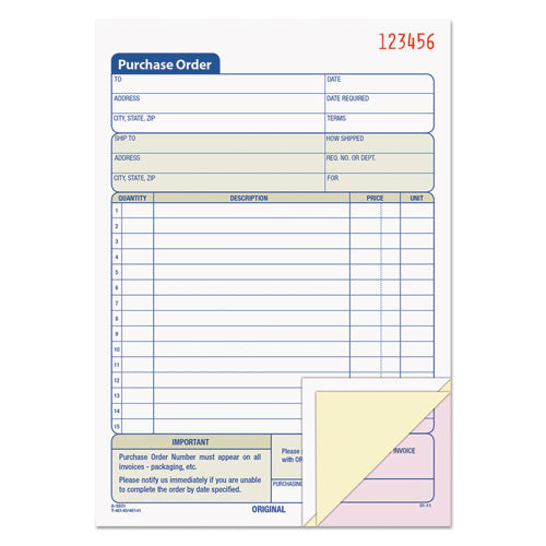 Image of TOPS Purchase Order Book, 15 Lines, Three-Part Carbonless, 5.56 x 8.44, 50 Forms Total