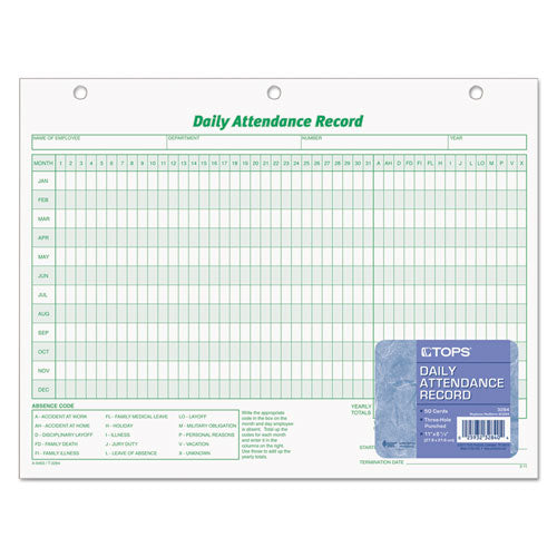 Image of TOPS Daily Attendance Card, One-Part (No Copies), 11 x 8.5, 50 Forms Total