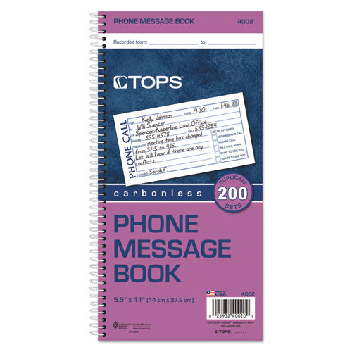 Image of TOPS Spiralbound Message Book, Two-Part Carbonless, 5 x 2.75, 4 Forms/Sheet, 200 Forms Total