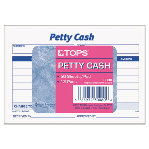 Image of TOPS Petty Cash Slips, One-Part (No Copies), 5 x 3.5, 50 Forms/Pad, 12 Pads/Pack