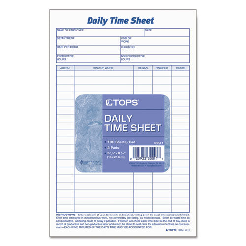 Image of TOPS Daily Time and Job Sheets, One-Part (No Copies), 8.5 x 5.5, 200 Forms/Pad, 2 Pads/Pack