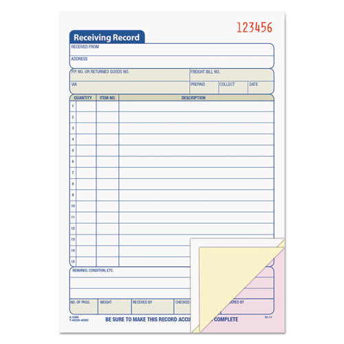 Image of TOPS Receiving Record Book, Three-Part Carbonless, 5.56 x 7.94, 50 Forms Total