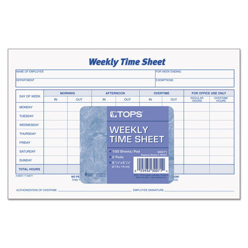 Image of TOPS Weekly Time Sheets, One-Part (No Copies), 8.5 x 5.5, 50 Forms/Pad, 2 Pads/Pack