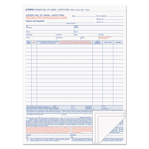 Image of TOPS Bill of Lading, Four-Part Carbonless, 8.5 x 11, 50 Forms Total