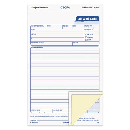 Image of TOPS Job Work Order, Three-Part Carbonless, 5.66 x 8.63, 50 Forms Total