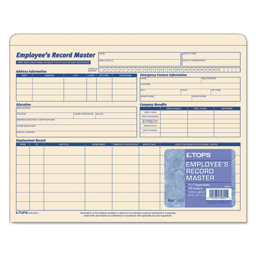 Image of TOPS Employee Record Master File Jacket, Straight Tab, Letter Size, Manila, 15/pack