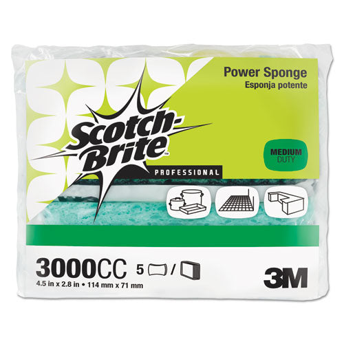Image of Scotch-Brite PROFESSIONAL Power Sponge, 2.8 X 4.5, 0.6" Thick, Blue/teal, 5/pack