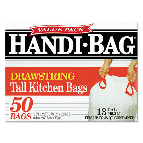 Image of Handi-Bag® Drawstring Kitchen Bags, 13 gal, 24" x 27.4", White, 50 Bags/Box, 6 Boxes/Carton