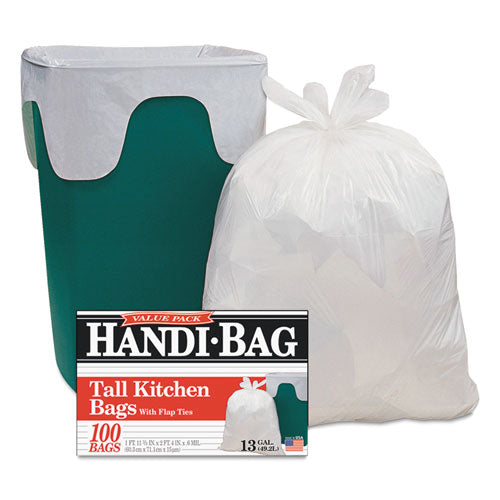Image of Handi-Bag® Super Value Pack Can Liners, 13 gal, 0.6 mil, 23.75" x 28", White, 100/Box