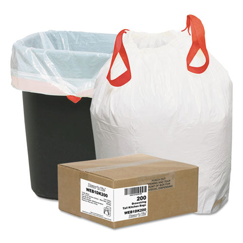Image of Draw 'n Tie® Heavy-Duty Trash Bags, Drawstring, 13 gal, 24.5" x 27.38", White, 50 Bags/Roll, 4 Rolls/Box