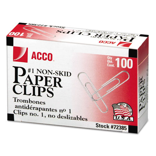 Image of ACCO Paper Clips, #1, Nonskid, Silver, 100 Clips/Box, 10 Boxes/Pack