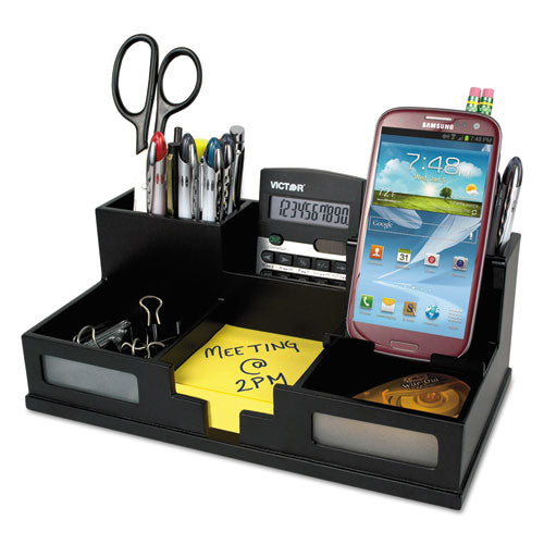 Image of Victor® Midnight Black Desk Organizer with Smartphone Holder, 6 Compartments, Wood, 10.5 x 5.5 x 4