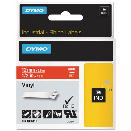 Image of DYMO® Rhino Permanent Vinyl Industrial Label Tape, 0.5" X 18 Ft, Red/white Print