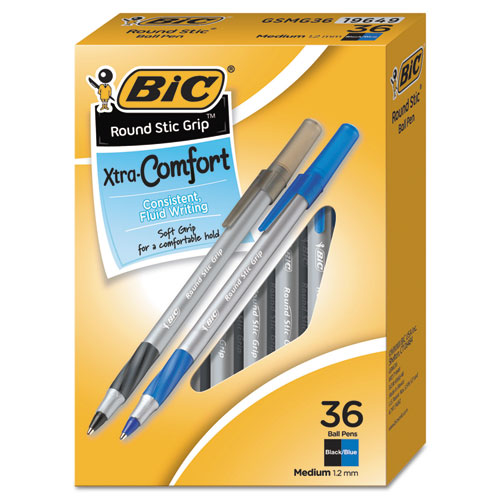 Image of BIC® Round Stic Grip Xtra Comfort Ballpoint Pen Value Pack, Easy-Glide, Stick, Medium 1.2mm, Assorted Ink And Barrel Colors, 36/pk