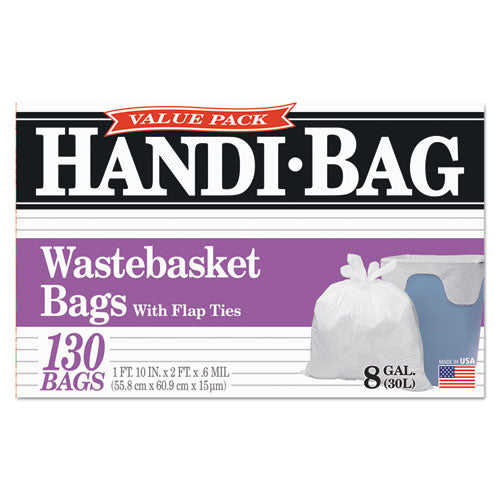 Image of Handi-Bag® Super Value Pack Can Liners, 8 gal, 0.6 mil, 22" x 24", White, 130/Box