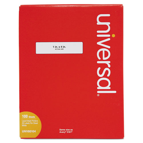 Image of Universal® White Labels, Inkjet/laser Printers, 1 X 4, White, 20/sheet, 100 Sheets/box