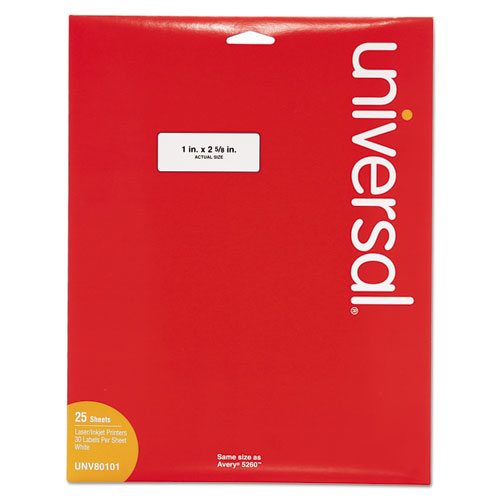 Image of Universal® White Labels, Inkjet/laser Printers, 1 X 2.63, White, 30/sheet, 25 Sheets/pack