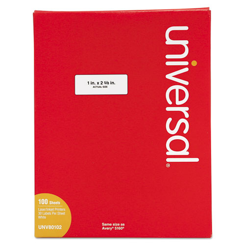 Image of Universal® White Labels, Inkjet/laser Printers, 1 X 2.63, White, 30/sheet, 100 Sheets/box